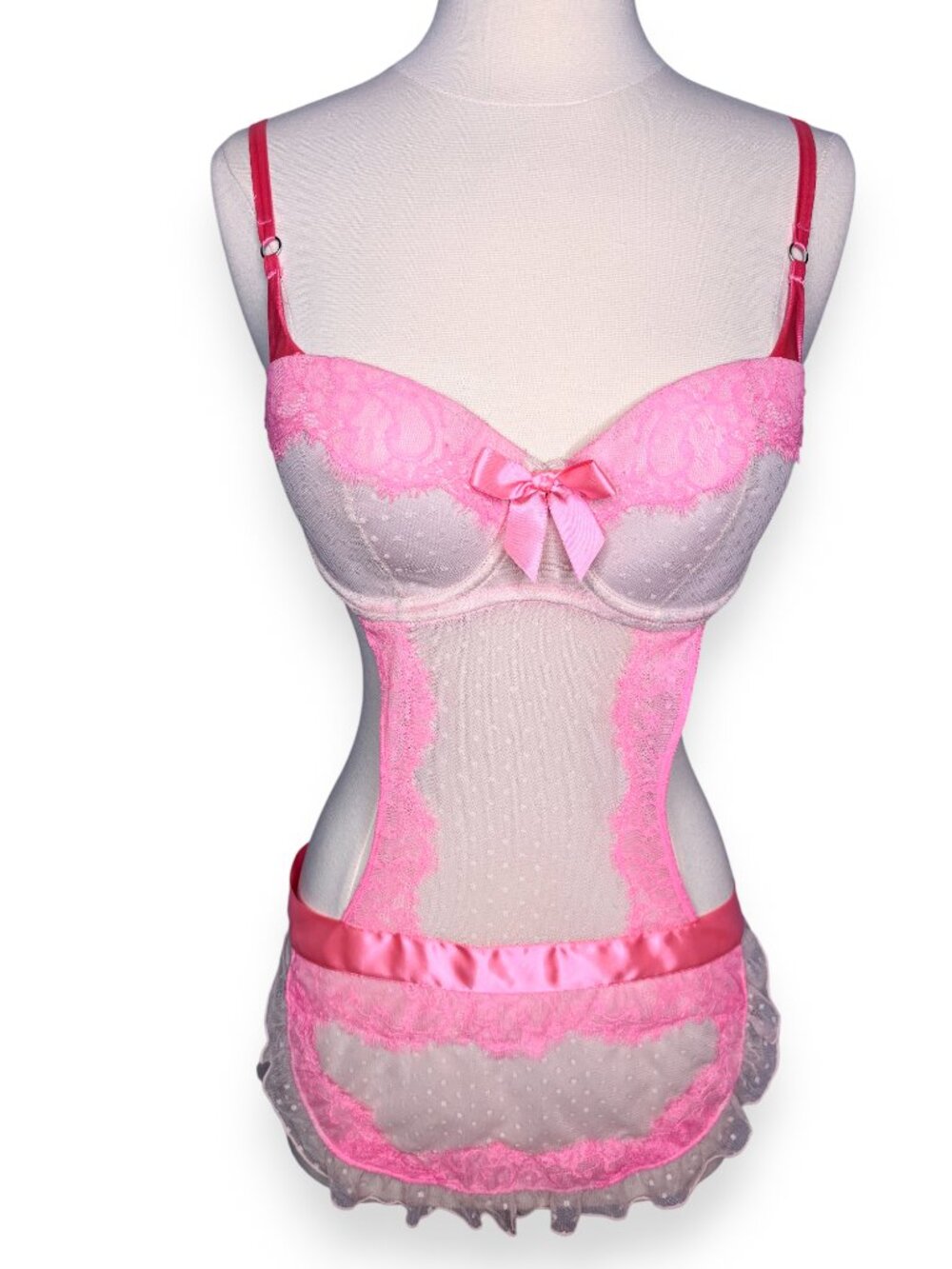Victoria's Secret Sexy Little Things Pink Beige French Maid Apron Lingerie 34D